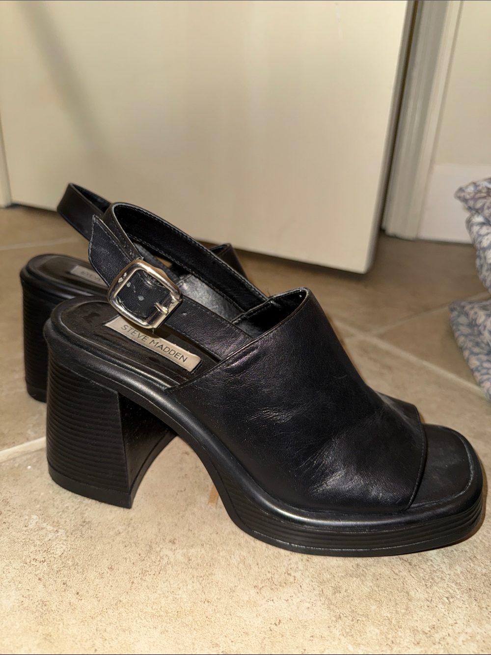 Steve Madden Black Leather Slingback Block Heels